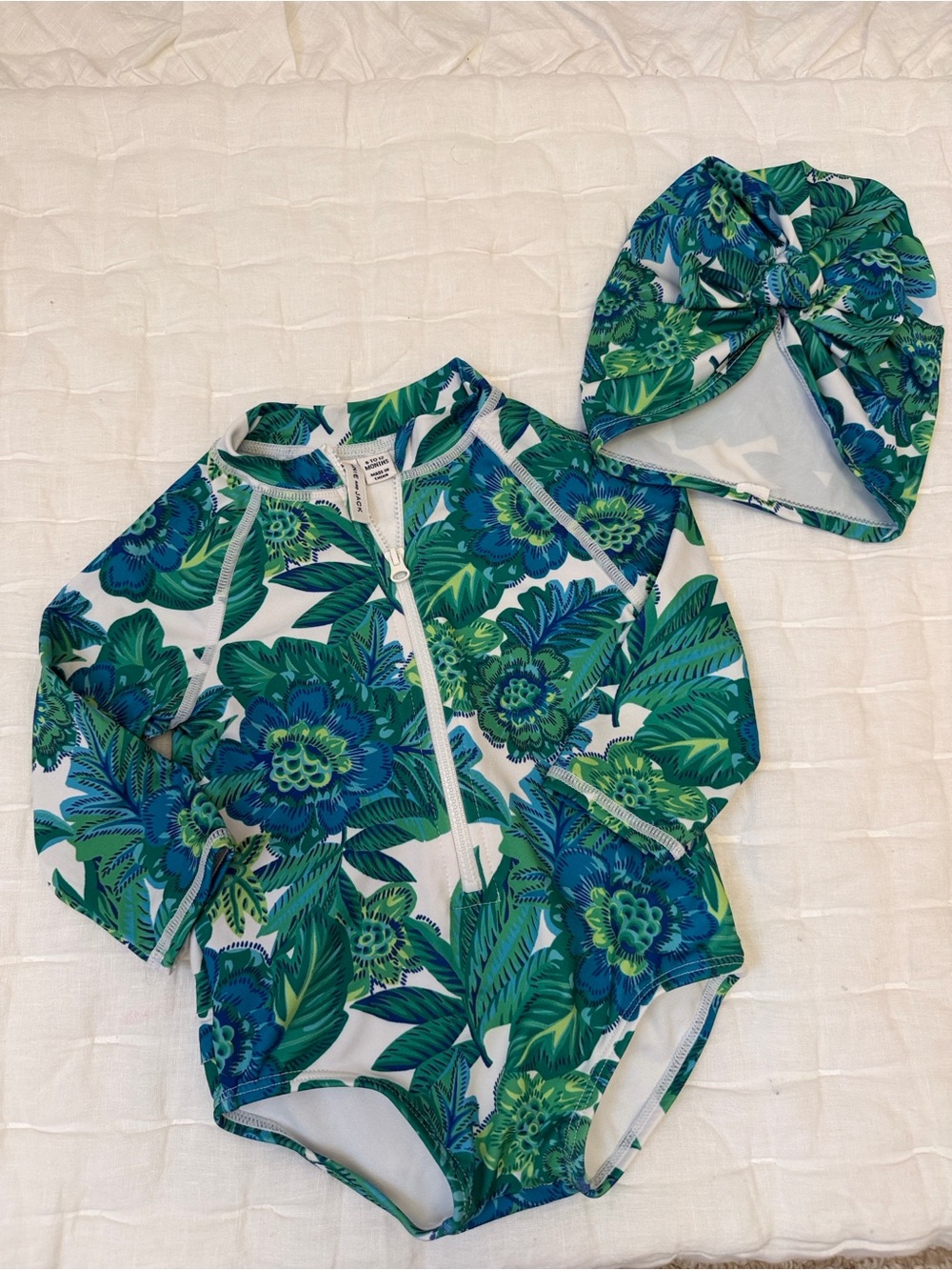 Janie and Jack Floral Zip-Front Rash Guard Swimsuit with Turban - Green/Blue